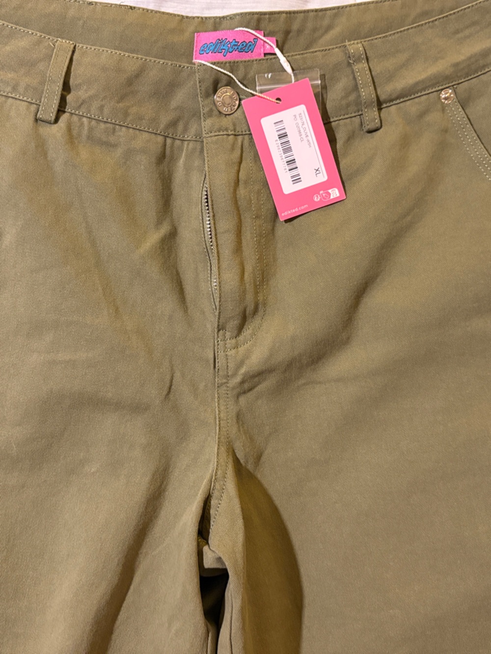 Edikted Olive Green High-Rise Wide Leg Pants with Pink Tag